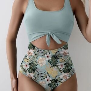 Mint Tropical Tie-Front One-Piece Swimsuit
